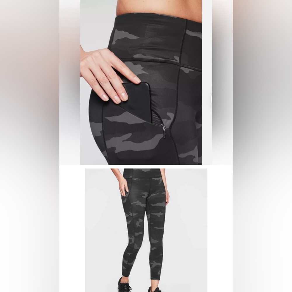 Athleta XS Camo Contender Stretch Zip Pockets 7/8 Tight in Powerlift black gray